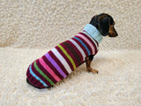 Handmade Knit Dachshund Sweater - Colorful Striped Dog Clothes