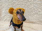 Hand-Knitted Dachshund Snood with Pompoms, Funny Dog Hat for Small Breeds, Animal Style Knitted Dog Hood, Cozy Dachshund Winter Headwear