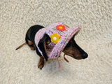 Crochet Dog Sun Hat with Flower Appliqué - Handmade Dachshund Bucket Hat - Floral Pet Summer Accessory - Cute Dog Bonnet with Ear Holes