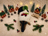 Car Christmas tree Dog Hat PomPom, Designer Pet Party Clothes outfit, Warm Winter knitted Dachshund cap with Pattern, gift for dogs lover