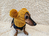Hand-Knitted Dachshund Snood with Pompoms, Funny Dog Hat for Small Breeds, Animal Style Knitted Dog Hood, Cozy Dachshund Winter Headwear