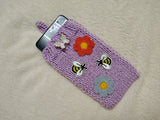 Handmade Knitted Phone Sleeve with Bee and Flower Patches, Green Cell Phone Sock, Cute Aesthetic Phone Pouch, Gift for Nature Lovers