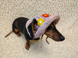 Crochet Dog Sun Hat with Flower Appliqué - Handmade Dachshund Bucket Hat - Floral Pet Summer Accessory - Cute Dog Bonnet with Ear Holes