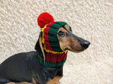Multi-Color Striped Dog Snood: Hand-Knit Pom-Pom Beanie for Dachshunds
