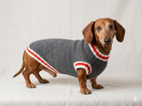 Knitted warm dachshund sweater, gray dog sweater with stripes