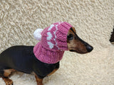 Dog hat with hearts with pom-pom, Handmade pet clothing Warm winter beanie for dachshund closed ears, fogs lover gift