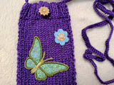 Purple Butterfly Knitted Phone Bag • Aesthetic Fairycore Crossbody Purse • Handmade Floral Cell Phone Sleeve