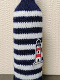 Nautical Knitted Wine Bottle Cover – Lighthouse & Anchor Striped Bottle Sweater, Handmade Coastal Kitchen Decor, Unique Beach House Gift