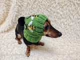 Bee Dog hat print designer handmade festive holiday clothes pet beanie costume, warm winter cap for dachshund with pompom