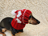 Dog hat print designer handmade festive holiday clothes pet beanie costume, warm winter cap for dachshund with pompom