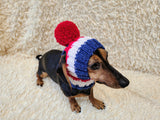 Multi-Color Striped Dog Snood: Hand-Knit Pom-Pom Beanie for Dachshunds