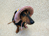 Crochet Dog Sun Hat with Flower Appliqué - Handmade Dachshund Bucket Hat - Floral Pet Summer Accessory - Cute Dog Bonnet with Ear Holes