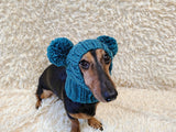 Hand-Knitted Dachshund Snood with Pompoms, Funny Dog Hat for Small Breeds, Animal Style Knitted Dog Hood, Cozy Dachshund Winter Headwear