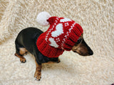 Dog hat print designer handmade festive holiday clothes pet beanie costume, warm winter cap for dachshund with pompom