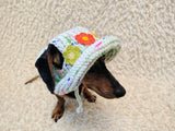 Crochet Dog Sun Hat with Flower Appliqué - Handmade Dachshund Bucket Hat - Floral Pet Summer Accessory - Cute Dog Bonnet with Ear Holes