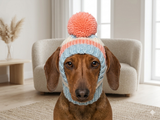 Comfort-Fit Knitted Dog Snood for Dachshunds - Soft Ribbed Dog Hat with Pom-Pom - Stay-On Winter Headwear for Long-Haired & Smooth Doxies