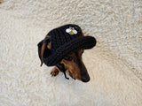 Crochet Dog Sun Hat with Flower Appliqué - Handmade Dachshund Bucket Hat - Floral Pet Summer Accessory - Cute Dog Bonnet with Ear Holes