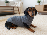 Cable Knit Dachshund Sweater - Hand-Knit Blue Tweed Dog Pullover, Warm Pet Clothes