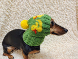 Duck Dog Hat PomPom, Designer Pet Party Clothes outfit, Warm Winter wool knitted Dachshund Beanie with Pattern, gift for dogs lover