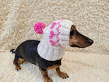 Dog hat with hearts with pom-pom, Handmade pet clothing Warm winter beanie for dachshund closed ears, fogs lover gift