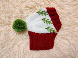 Spruce branch Paw Print Dog Hat PomPom, Designer Pet Party Clothes outfit, Warm Winter knitted Dachshund cap with Pattern, gift dogs lover