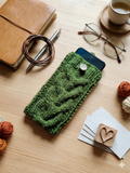 Cozy Cable Knit Phone Cover, Cream White Knitted Phone Pouch with Wooden Button, Protective Smartphone Sleeve, Winter Tech Gift