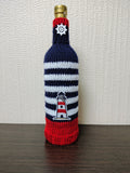 Nautical Knitted Wine Bottle Cover – Lighthouse & Anchor Striped Bottle Sweater, Handmade Coastal Kitchen Decor, Unique Beach House Gift