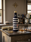 Nautical Knitted Wine Bottle Cover – Lighthouse & Anchor Striped Bottle Sweater, Handmade Coastal Kitchen Decor, Unique Beach House Gift