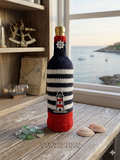 Nautical Knitted Wine Bottle Cover – Lighthouse & Anchor Striped Bottle Sweater, Handmade Coastal Kitchen Decor, Unique Beach House Gift