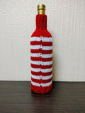 Nautical Knitted Wine Bottle Cover – Lighthouse & Anchor Striped Bottle Sweater, Handmade Coastal Kitchen Decor, Unique Beach House Gift