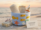 Nautical Rope Basket for Bathroom Storage, Ocean Theme Nursery Decor, Crocheted Blue Toy Basket with Fish, Coastal Gift for Sea Lovers
