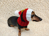 Santa Dog Hat PomPom, Designer Pet Party Clothes outfit, Warm Winter knitted Dachshund cap with Pattern, gift for dogs lover