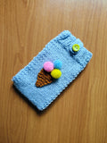 Knitted Phone Case with Strap, Blue Crochet Phone Pouch, Ice Cream Cone Smartphone Sleeve, Puffy Pom Pom Phone Bag, Aesthetic Tech Accessory