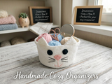 Crochet Cat Basket, White Kitten Nursery Storage Bin, Small Yarn Bowl, Cute Makeup Organizer, Cat Lover Gift, Kawaii Kids Room Decor