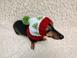 Christmas trees Dog Hat PomPom, Designer Pet Party Clothes outfit, Warm Winter knitted Dachshund cap with Pattern, gift for dogs lover