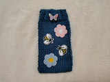 Handmade Knitted Phone Sleeve with Bee and Flower Patches, Green Cell Phone Sock, Cute Aesthetic Phone Pouch, Gift for Nature Lovers