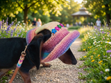 Rainbow panama hat with flowers for a dog, Summer hat for a dog with flowers, summer hat with flowers for a dachshund or small dog