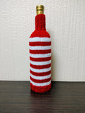 Nautical Knitted Wine Bottle Cover – Lighthouse & Anchor Striped Bottle Sweater, Handmade Coastal Kitchen Decor, Unique Beach House Gift