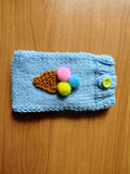Knitted Phone Case with Strap, Blue Crochet Phone Pouch, Ice Cream Cone Smartphone Sleeve, Puffy Pom Pom Phone Bag, Aesthetic Tech Accessory
