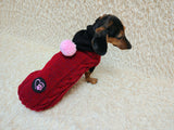 Dachshund Sweater with Pom Pom, Knitted Dog Clothes for Dachshunds, Custom Weenie Dog Coat, Dachshund Gift, Red Cable Knit Dog Sweater