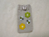Handmade Knitted Phone Sleeve with Bee and Flower Patches, Green Cell Phone Sock, Cute Aesthetic Phone Pouch, Gift for Nature Lovers