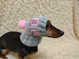 Dog hat pig print designer handmade festive holiday clothes pet beanie costume, warm winter cap for dachshund with pompom