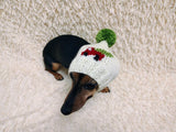 Car Christmas tree Dog Hat PomPom, Designer Pet Party Clothes outfit, Warm Winter knitted Dachshund cap with Pattern, gift for dogs lover