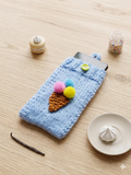 Knitted Phone Case with Strap, Blue Crochet Phone Pouch, Ice Cream Cone Smartphone Sleeve, Puffy Pom Pom Phone Bag, Aesthetic Tech Accessory