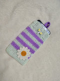 Daisy Phone Sock, Knit Striped Phone Sleeve, Cute Flower Phone Case Pouch, Handmade Cotton Phone Bag, Gift for her, Cozy Phone Holder
