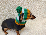 Multi-Color Striped Dog Snood: Hand-Knit Pom-Pom Beanie for Dachshunds