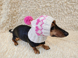 Dog hat with hearts with pom-pom, Handmade pet clothing Warm winter beanie for dachshund closed ears, fogs lover gift