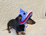 Shark Summer sun hat dogs with holes for ears. Hand knitted sun cap dachshund. Stylish Pet Photo Props and Gift Dog Moms