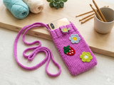 Boho Knitted Phone Sleeve • Strawberry & flowers Phone Bag • Protective Soft Phone Case Holder