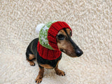Snowflakes Dog Hat PomPom, Designer Pet Party Clothes outfit, Warm Winter knitted Dachshund cap with Pattern, gift for dogs lover
